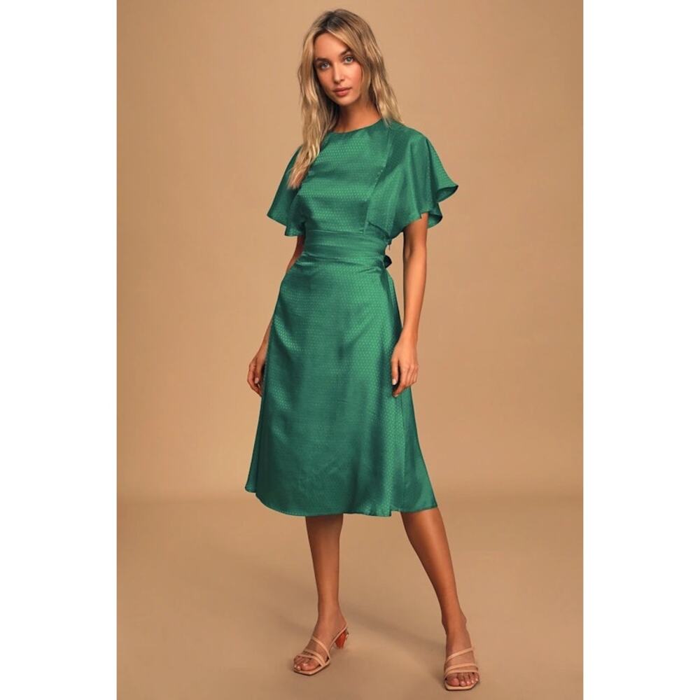 Lulus Women's Cabaret Queen Polka Dot Embossed Satin Midi Dress Size XL Green